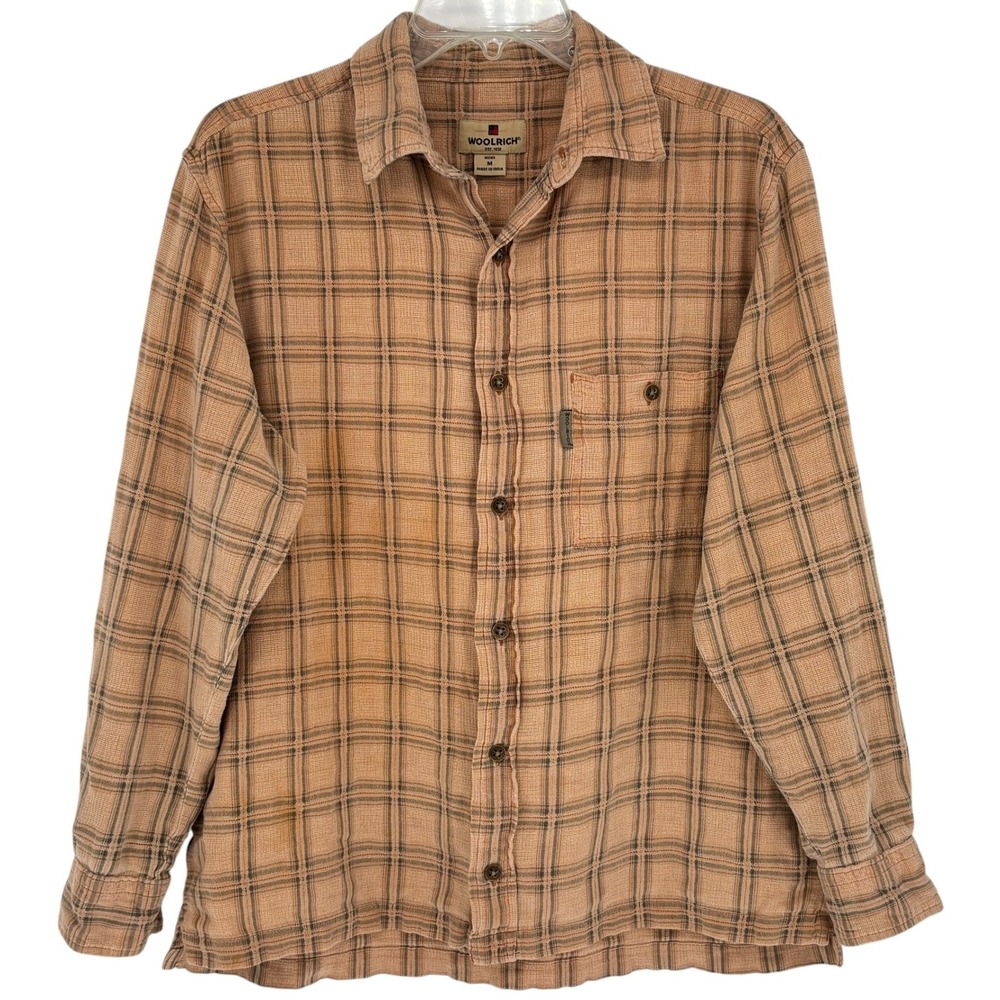 Woolrich Plaid Flannel Shirt Mens Medium Muted Orange Outdoor Workwear Rugged